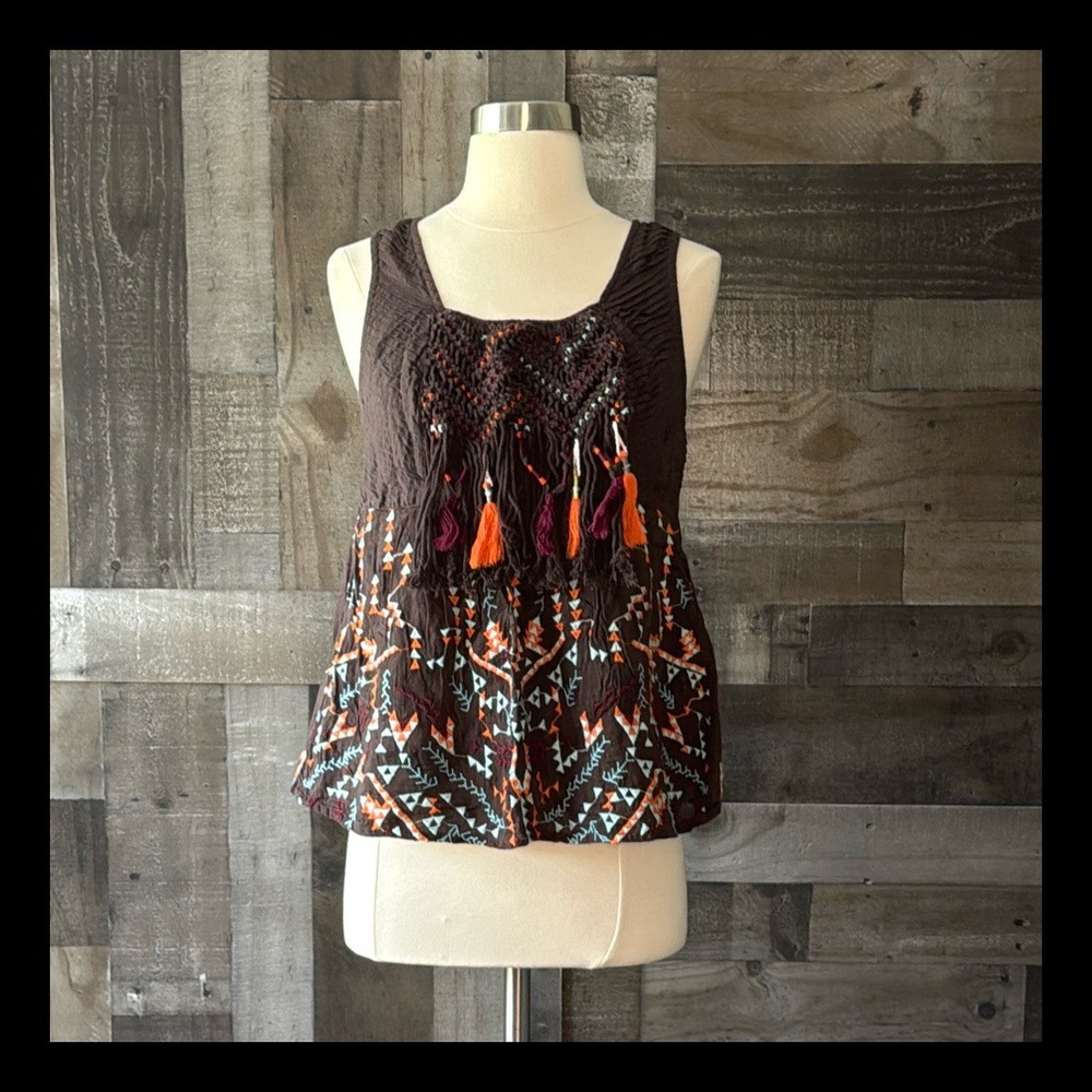 Athropologie Akemi + Kin brown sleeveless top XSmall festival boho hippie tassel